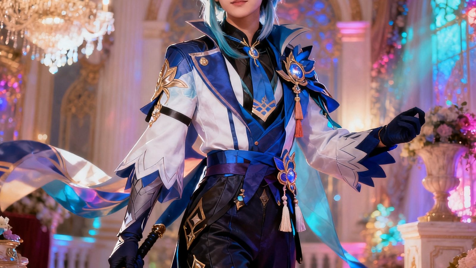 玩家自制的Cosplay照片，扮演游戏角色，场景华丽，二次元风格，展示玩家创作